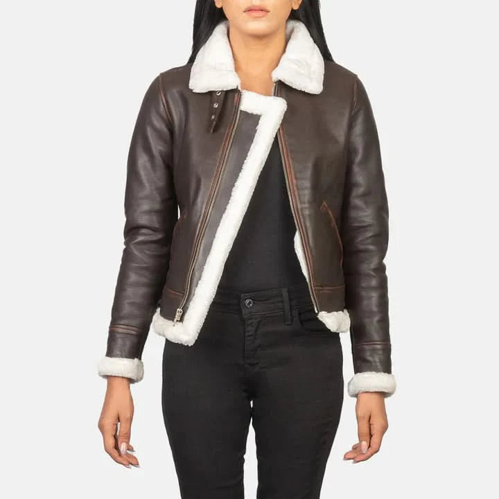 Women’s Brown Shearling Leather Aviator Jacket – White Fur Trim
