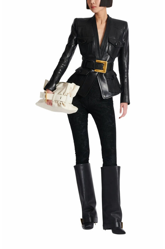 Black Leather Blazer with Gold Belt