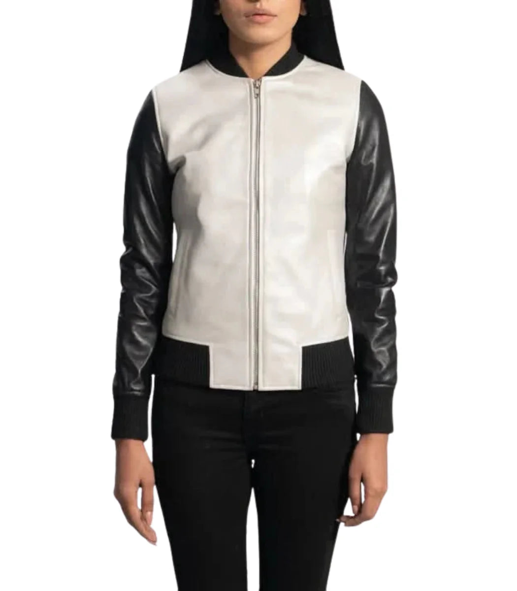 Women’s Black & White Leather Aviator Jacket – Stylish Flight Jacket