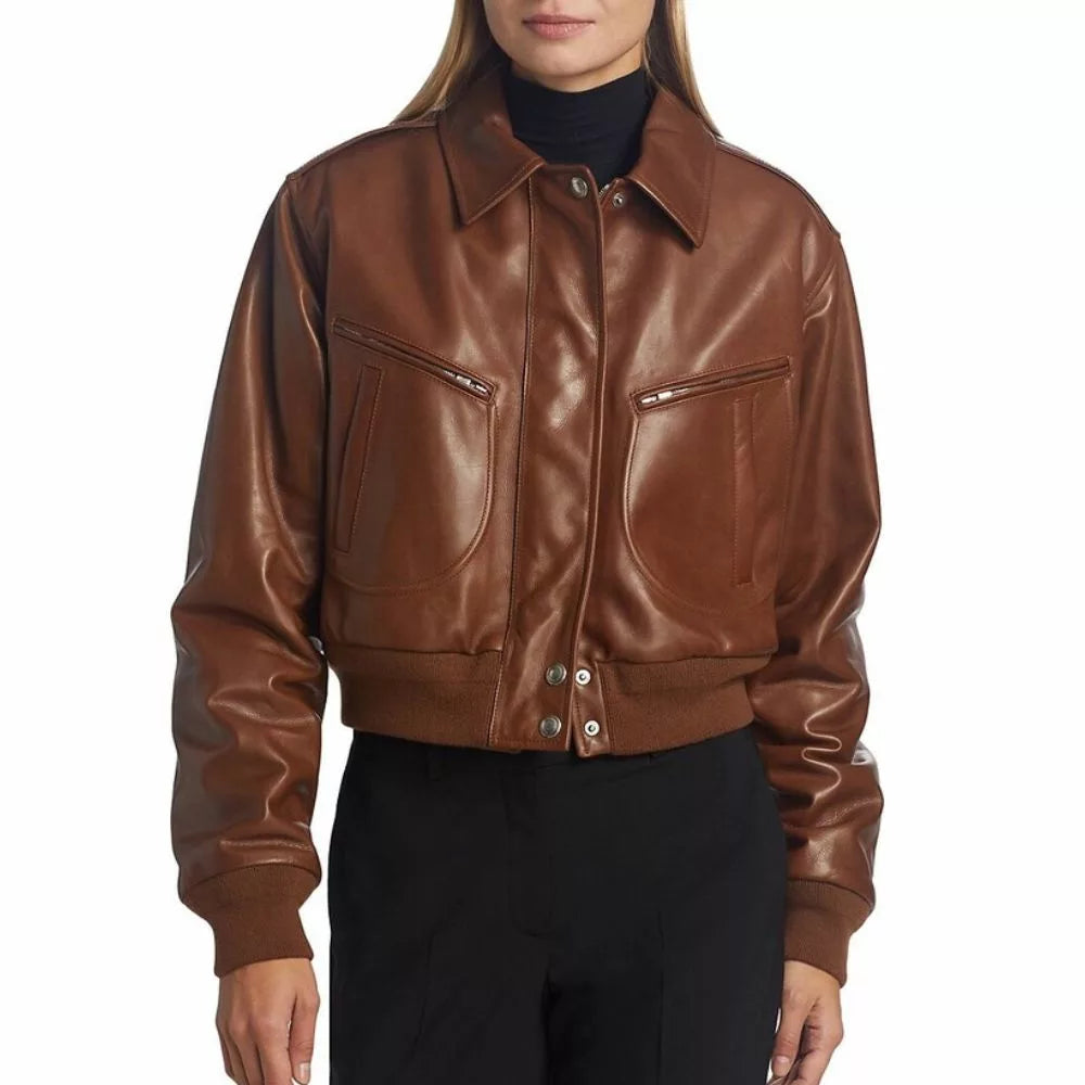Women's Cropped Brown Leather Bomber Jacket | Premium Genuine Leather Outerwear
