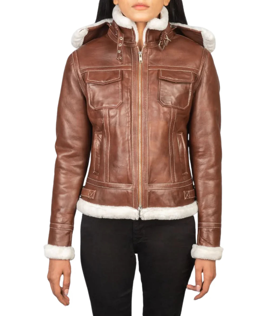 Women’s Brown Shearling Aviator Leather Jacket wth Hood
