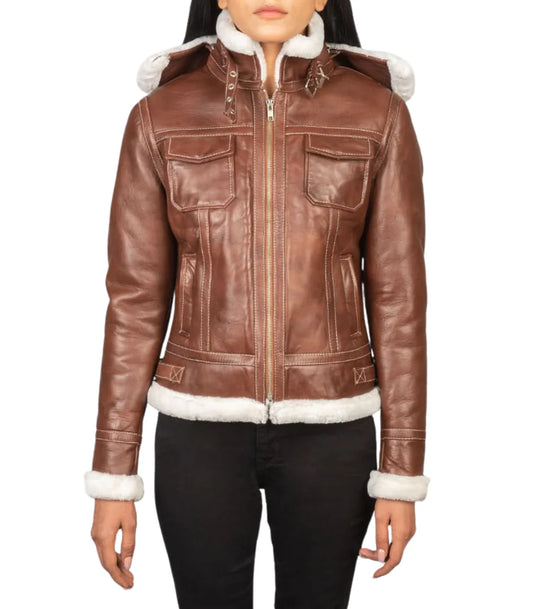 Women’s Brown Shearling Aviator Leather Jacket wth Hood