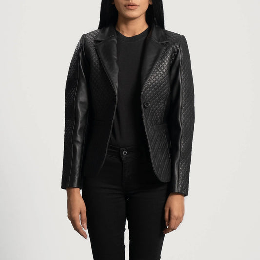 Cora Quilted Black Leather Blazer for Women | Premium Genuine Leather Blazer