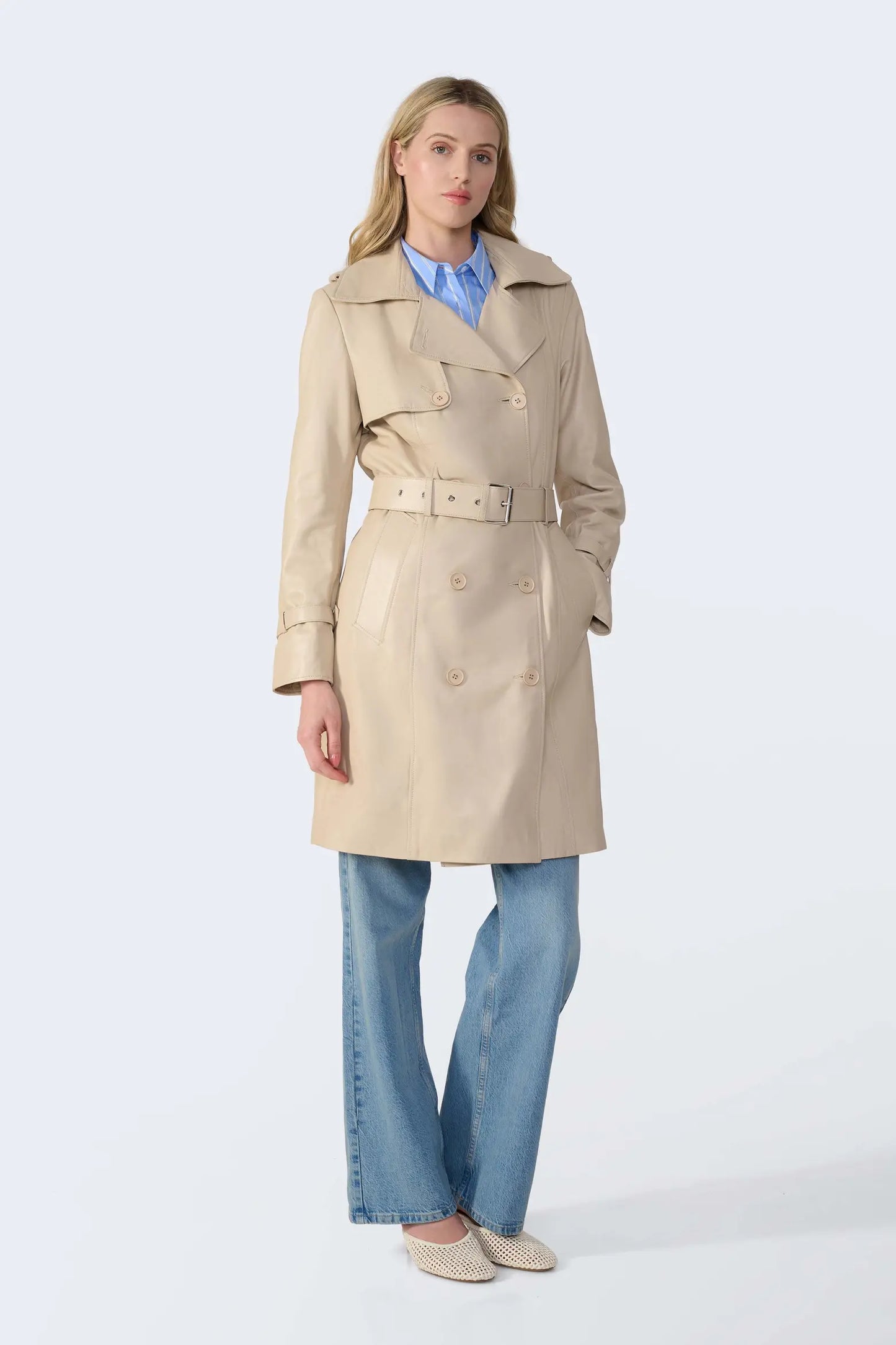Women’s Off-White Leather Trench Coat – Elegant & Timeless Style