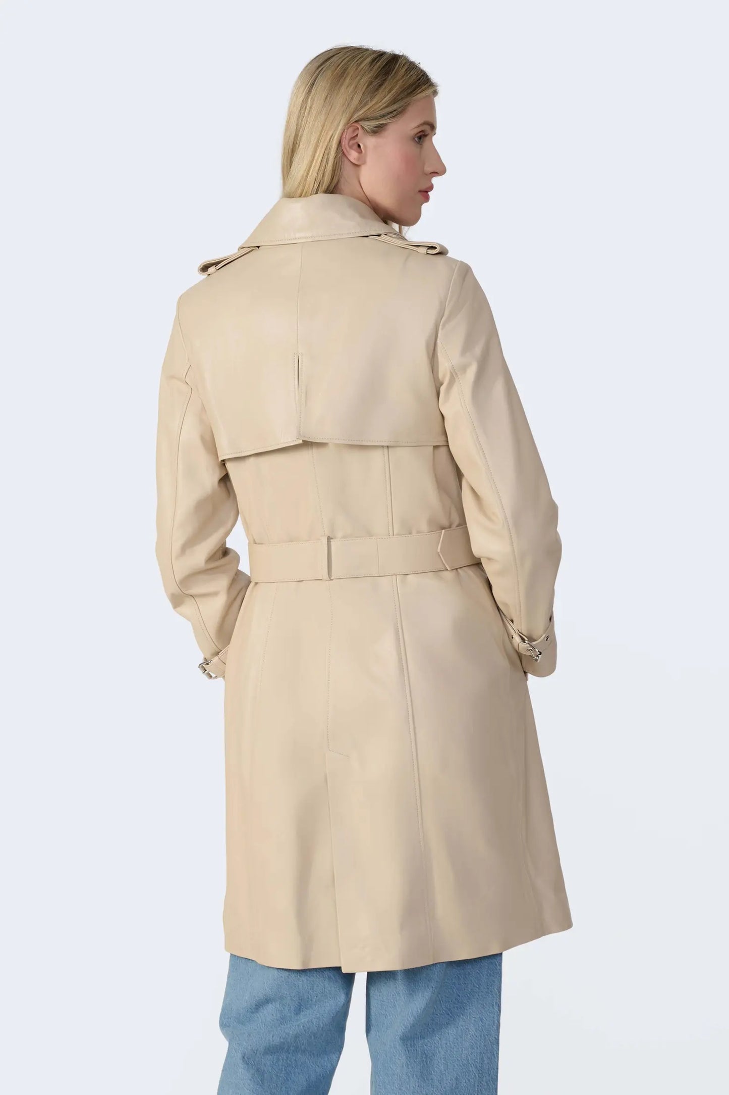 Women’s Off-White Leather Trench Coat – Elegant & Timeless Style