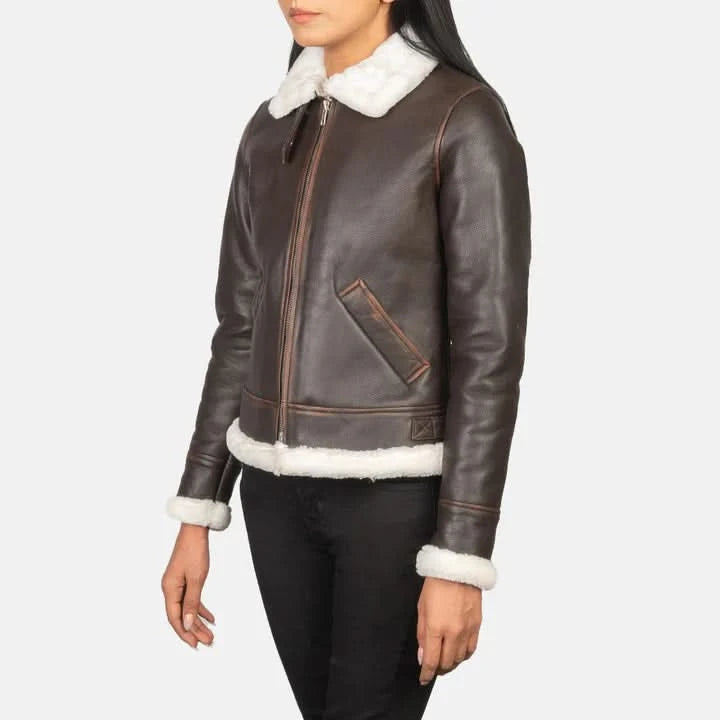 Women’s Brown Shearling Leather Aviator Jacket – White Fur Trim