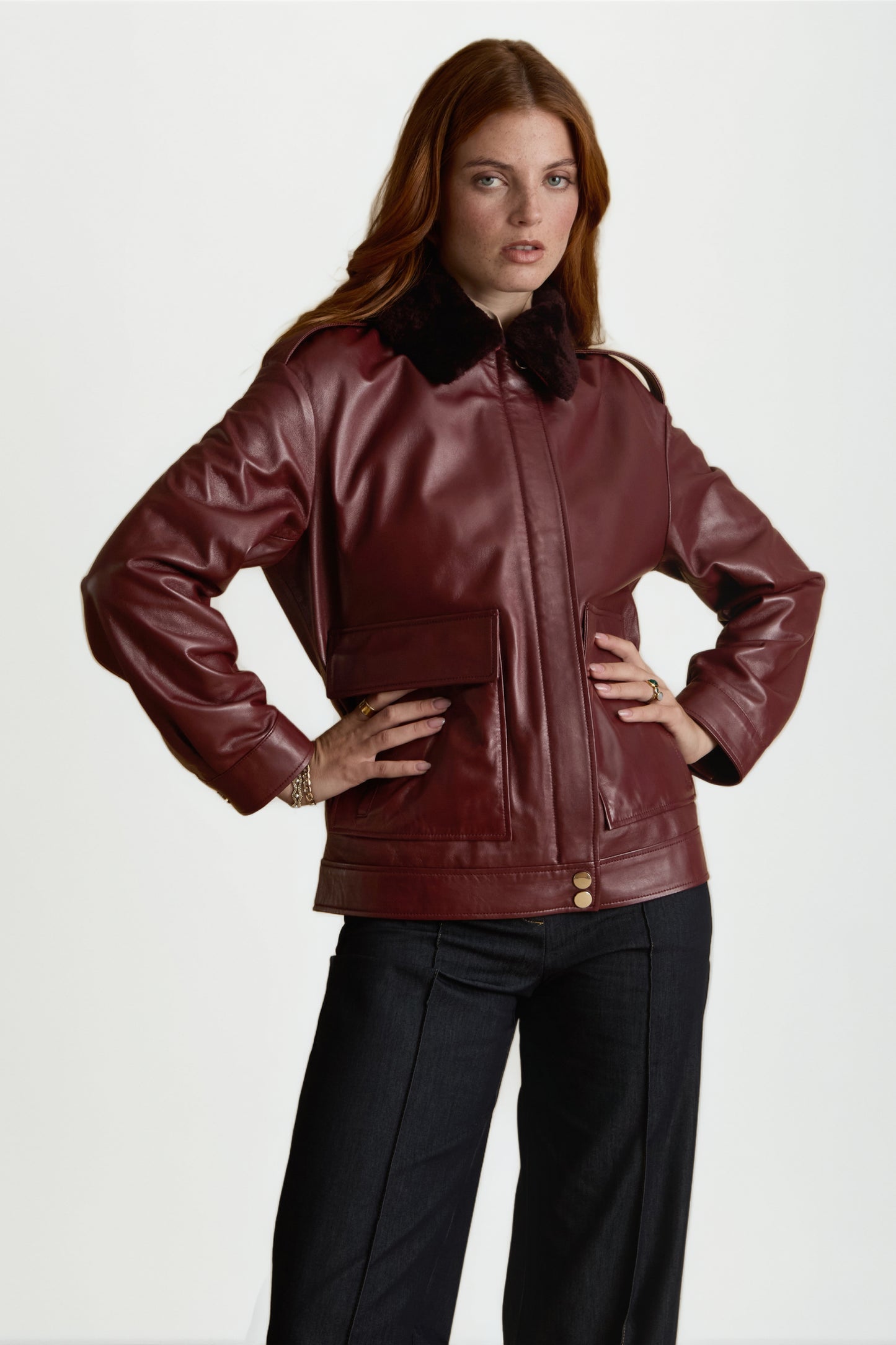 Women’s Maroon Leather Bomber Jacket – Classic Zip-Up Style