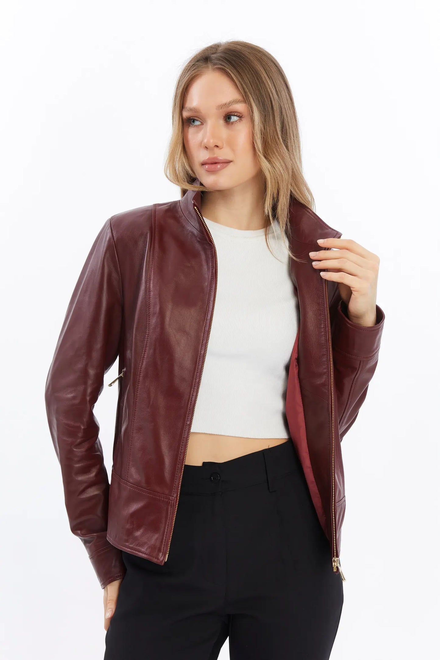 Women’s Maroon Leather Jacket – Stylish Zip-Up Jacket