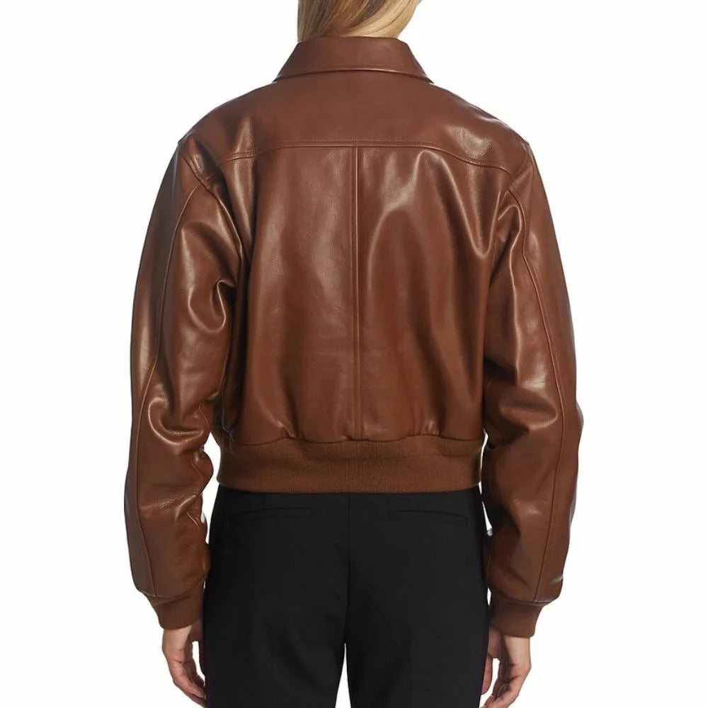 Women's Cropped Brown Leather Bomber Jacket | Premium Genuine Leather Outerwear