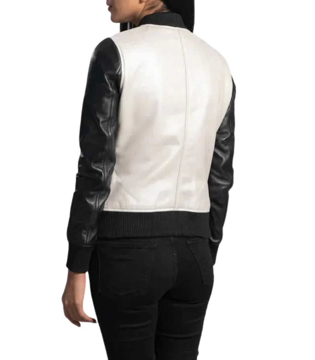Women’s Black & White Leather Aviator Jacket – Stylish Flight Jacket