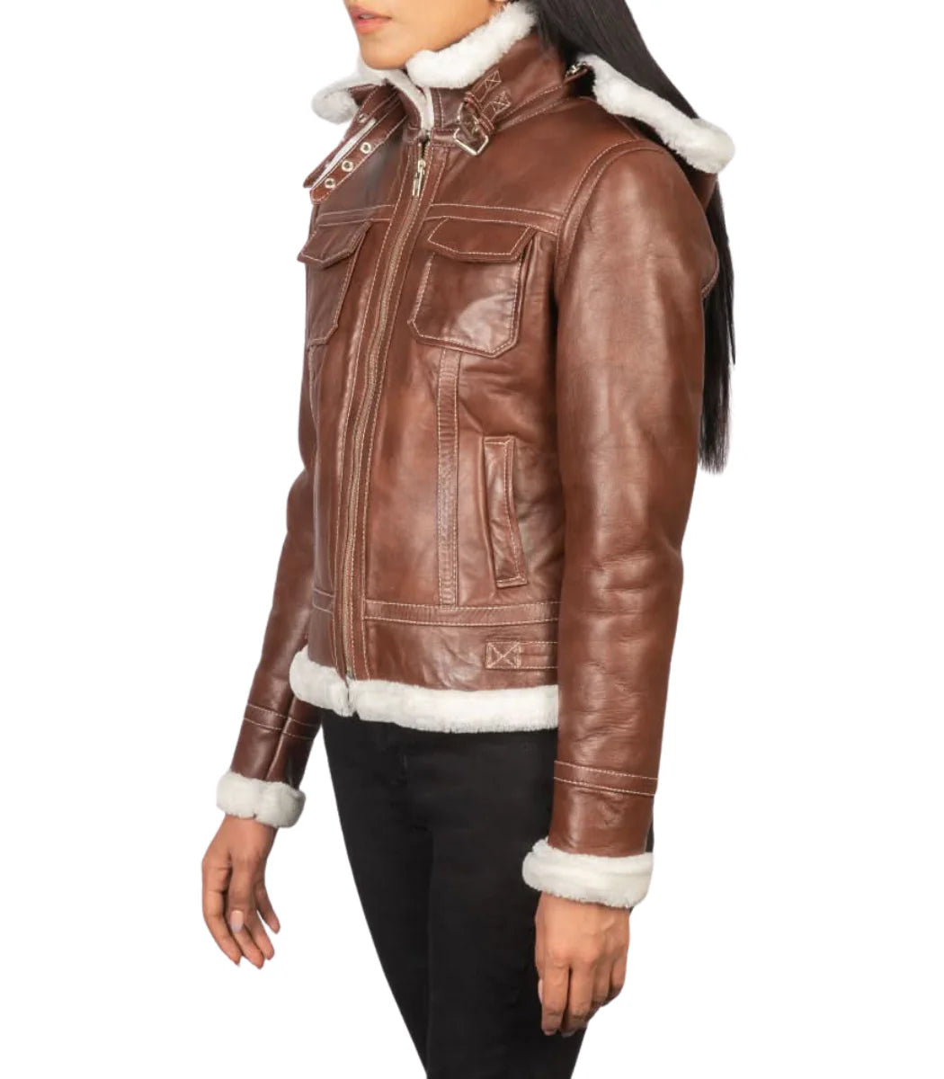 Women’s Brown Shearling Aviator Leather Jacket wth Hood