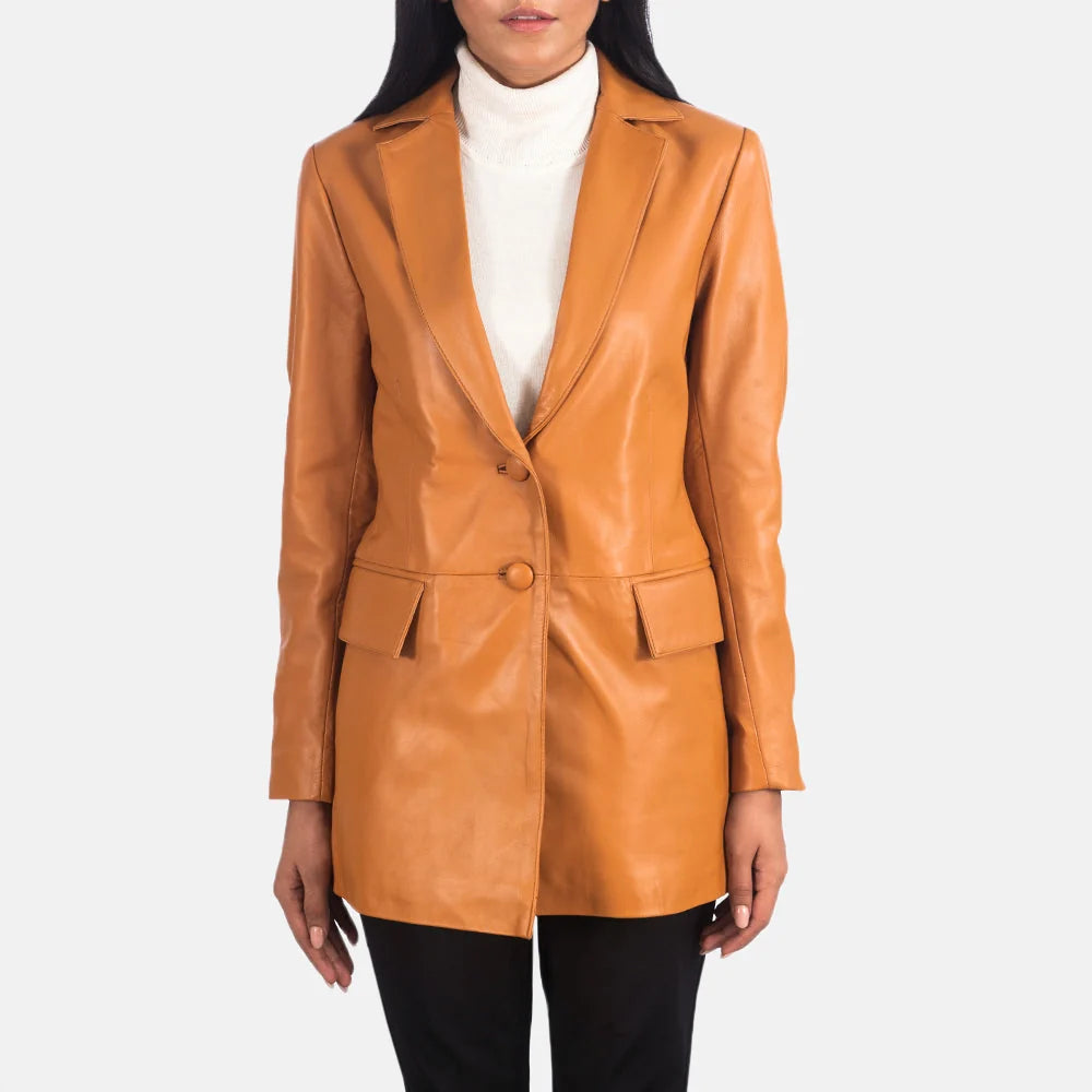 Marilyn Tan Brown Leather Blazer for Women | Premium Genuine Leather Blazer