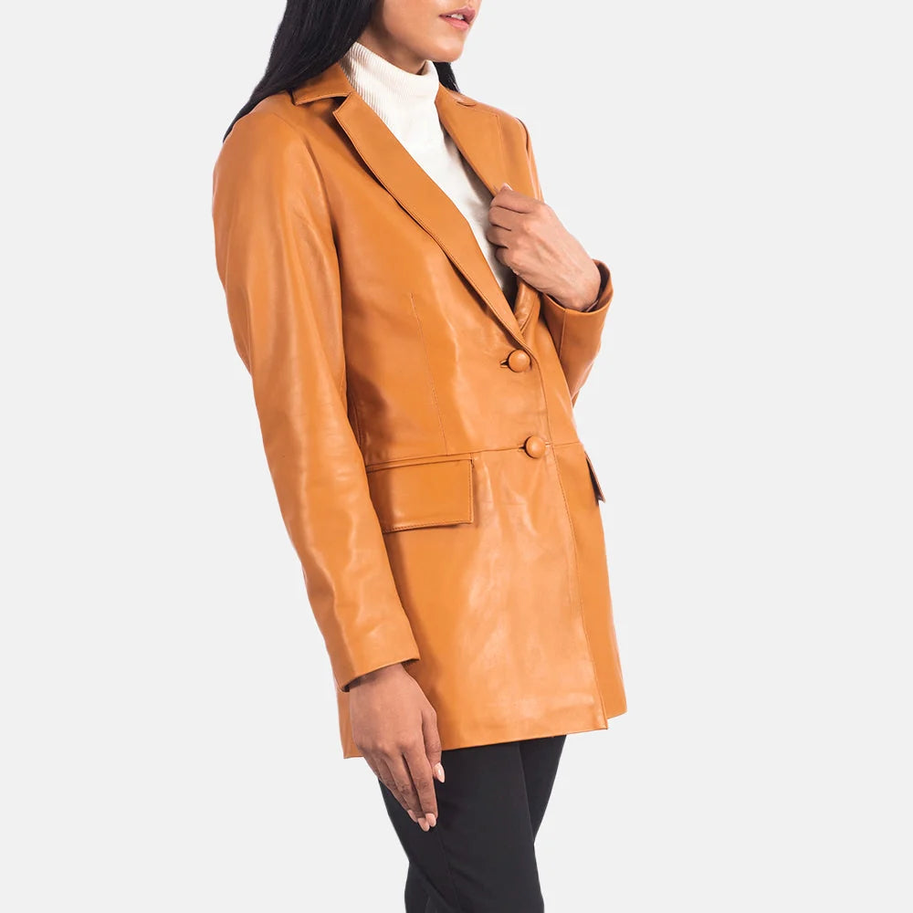 Marilyn Tan Brown Leather Blazer for Women | Premium Genuine Leather Blazer