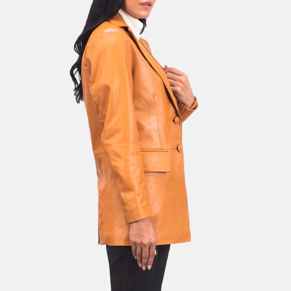 Marilyn Tan Brown Leather Blazer for Women | Premium Genuine Leather Blazer
