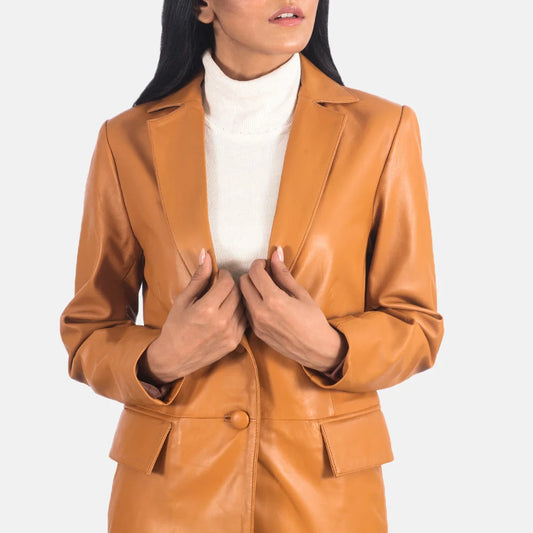 Marilyn Tan Brown Leather Blazer for Women | Premium Genuine Leather Blazer