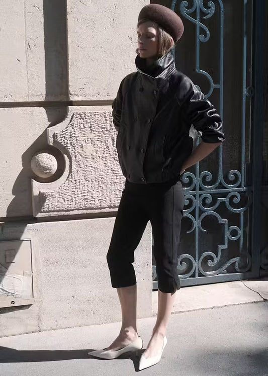 Women’s Black Leather Bomber Jacket | Classic Moto Style