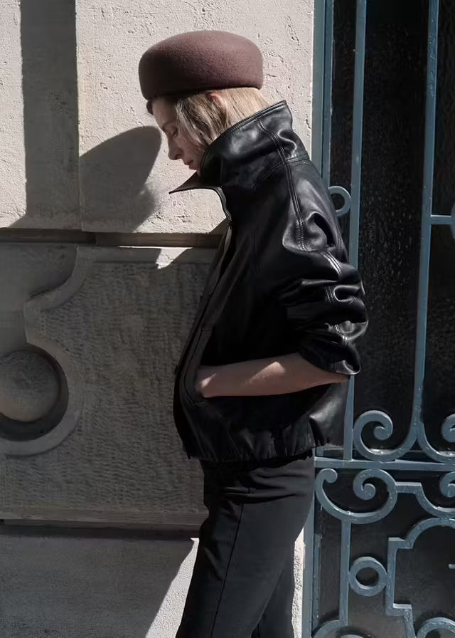 Women’s Black Leather Bomber Jacket | Classic Moto Style