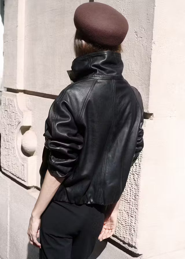 Women’s Black Leather Bomber Jacket | Classic Moto Style