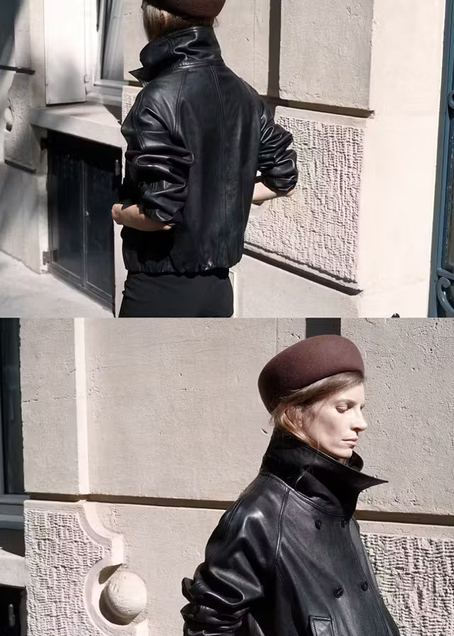 Women’s Black Leather Bomber Jacket | Classic Moto Style