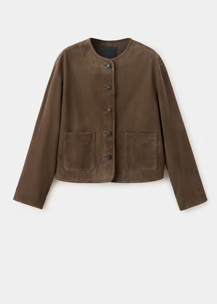 Women’s Chest-Pocket Suede Jacket – Premium Button-Up Leather Outerwear