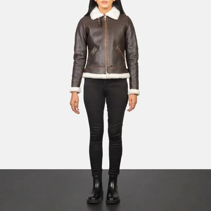 Women’s Brown Shearling Leather Aviator Jacket – White Fur Trim