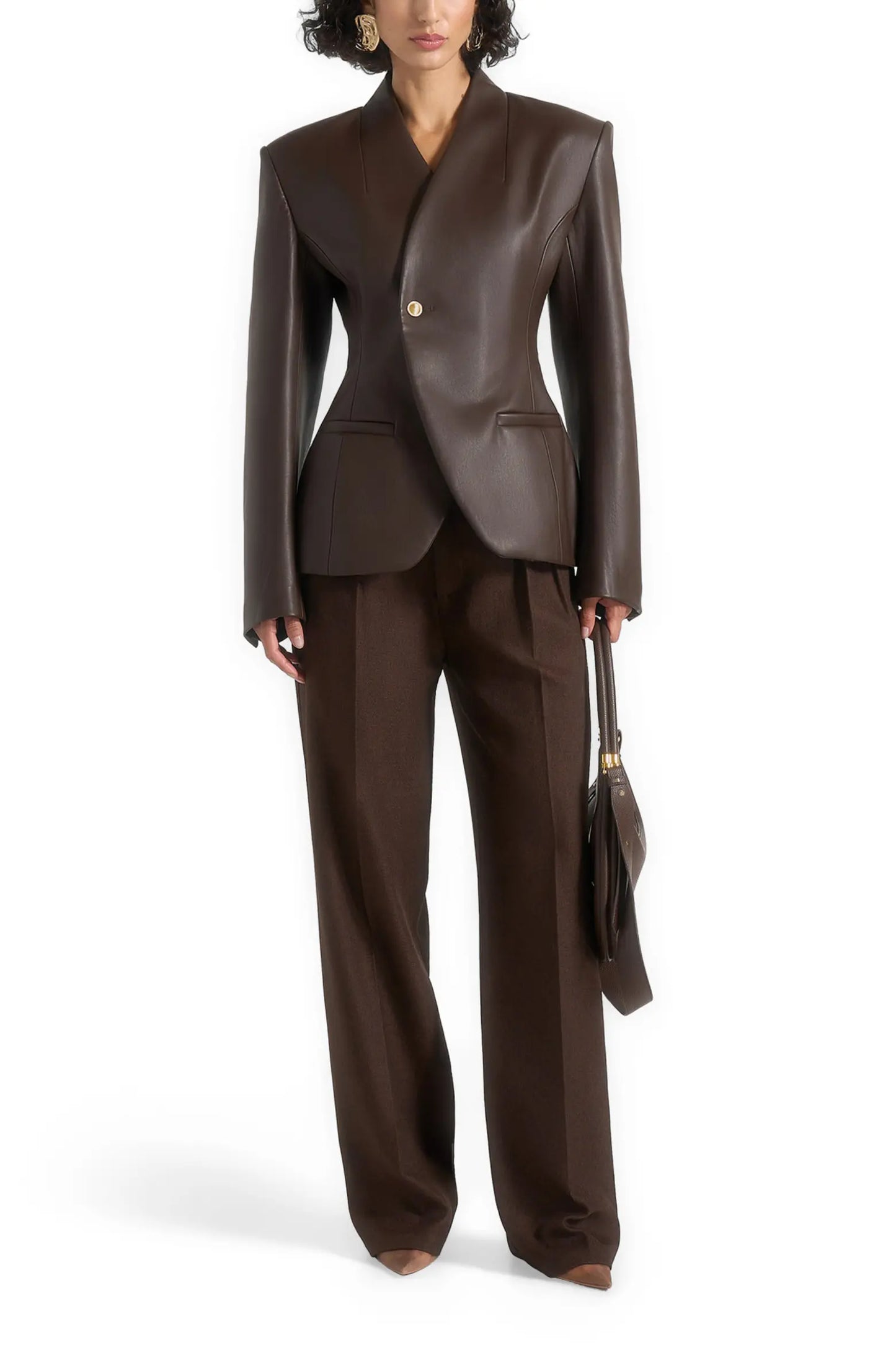 Brown One-Button Leather Blazer