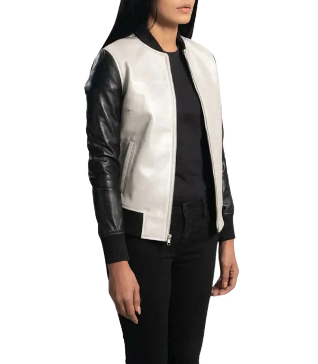 Women’s Black & White Leather Aviator Jacket – Stylish Flight Jacket