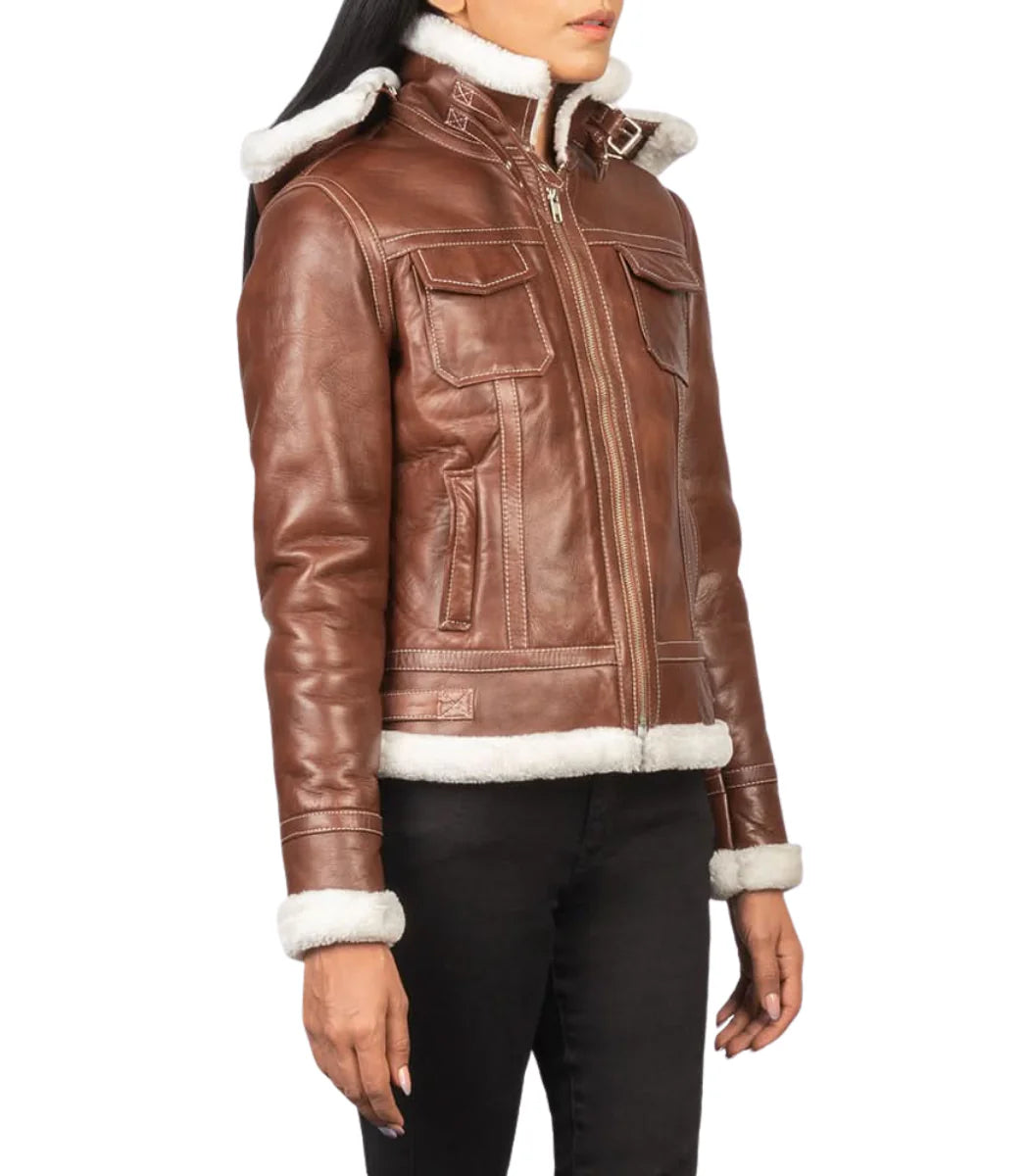 Women’s Brown Shearling Aviator Leather Jacket wth Hood
