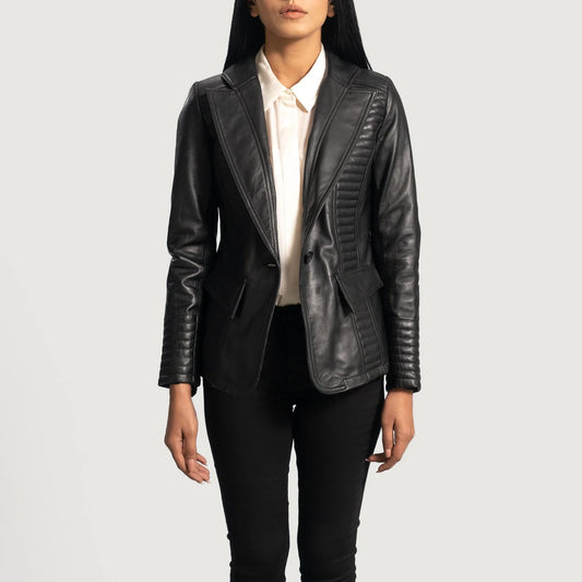 Selina Black Leather Blazer for Women | Premium Genuine Leather Blazer