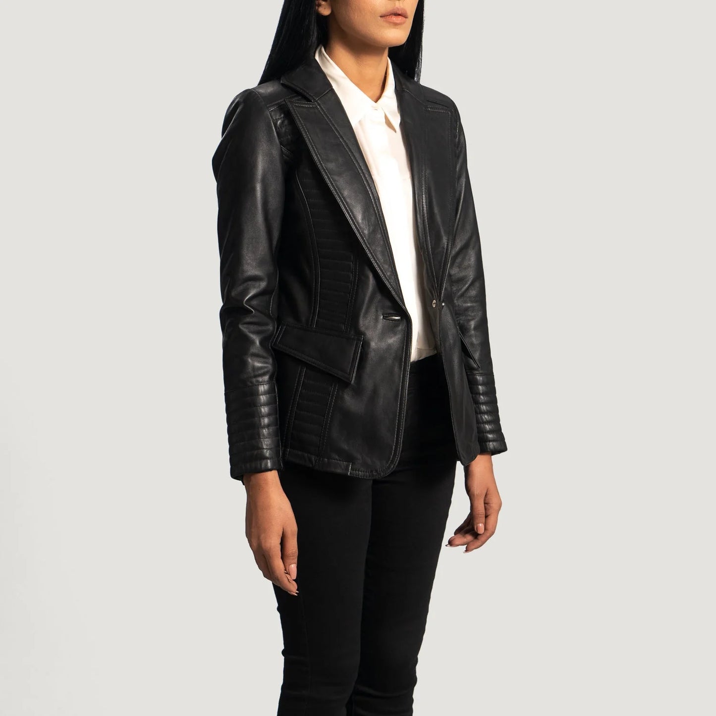 Selina Black Leather Blazer for Women | Premium Genuine Leather Blazer