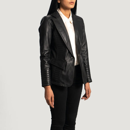 Selina Black Leather Blazer for Women | Premium Genuine Leather Blazer