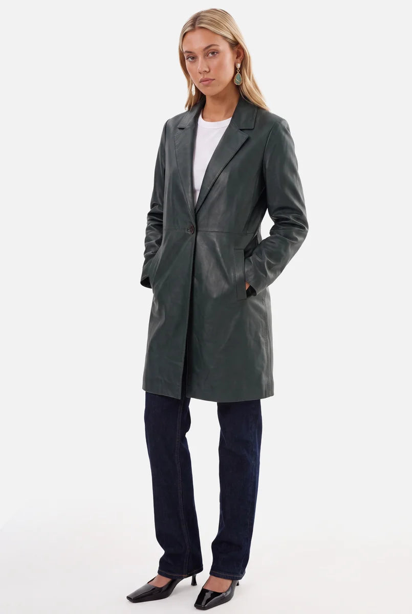 Genuine Leather Long Trench Coat | Classic Belted Outerwear