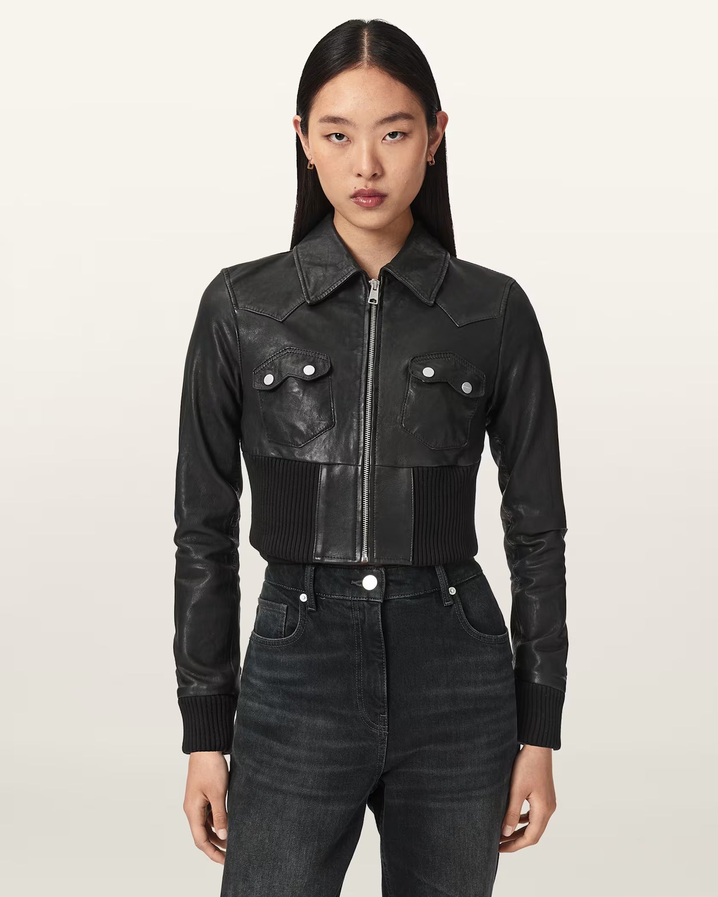 Women's Lena Slim Fit Cropped Genuine Leather Jacket | Chic Moto Leather Jacket