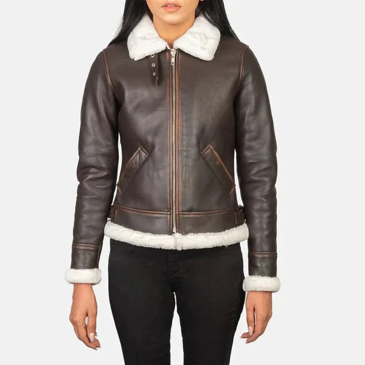 Women’s Brown Shearling Leather Aviator Jacket – White Fur Trim