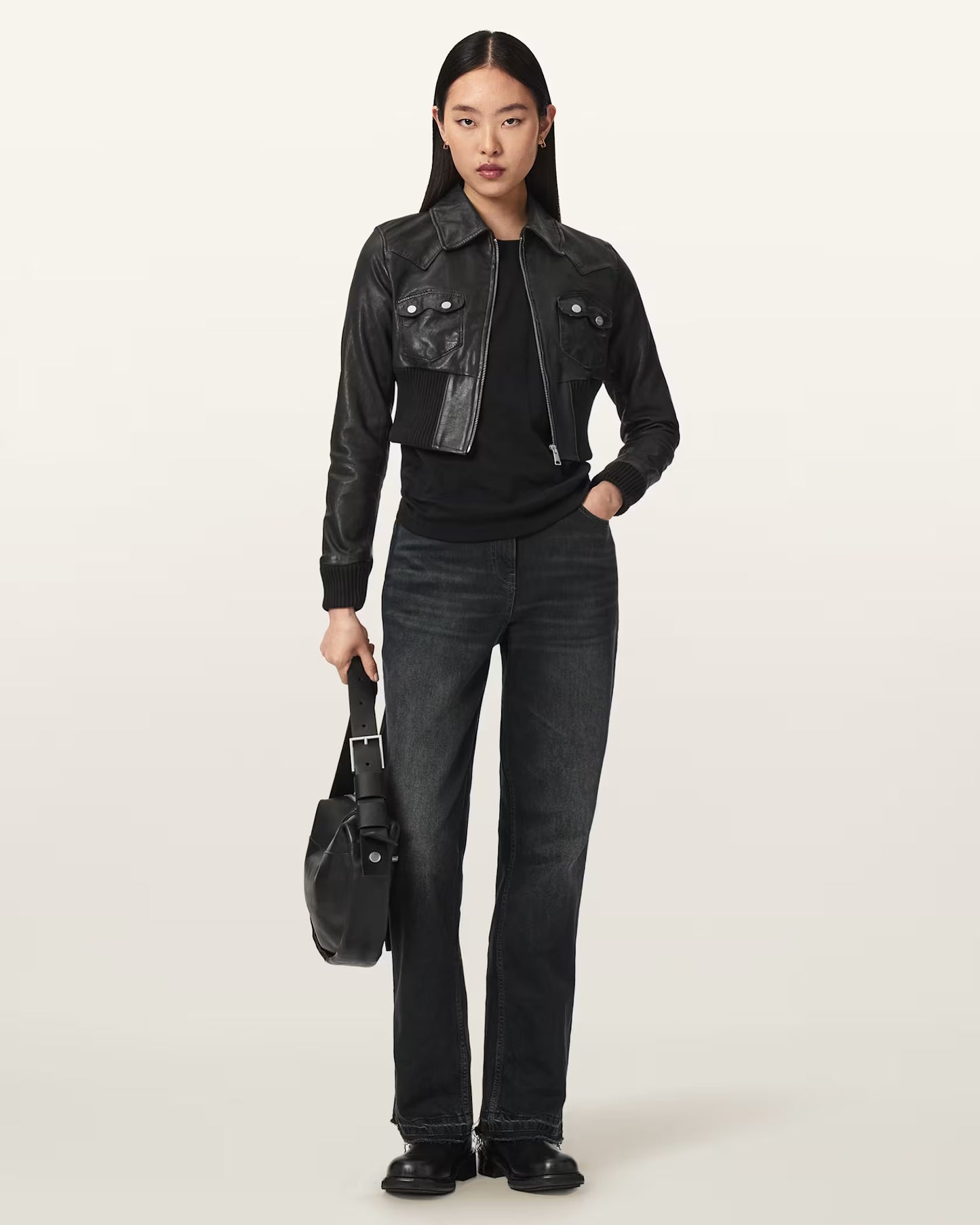 Women's Lena Slim Fit Cropped Genuine Leather Jacket | Chic Moto Leather Jacket