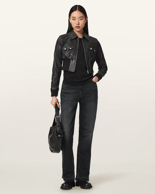Women's Lena Slim Fit Cropped Genuine Leather Jacket | Chic Moto Leather Jacket