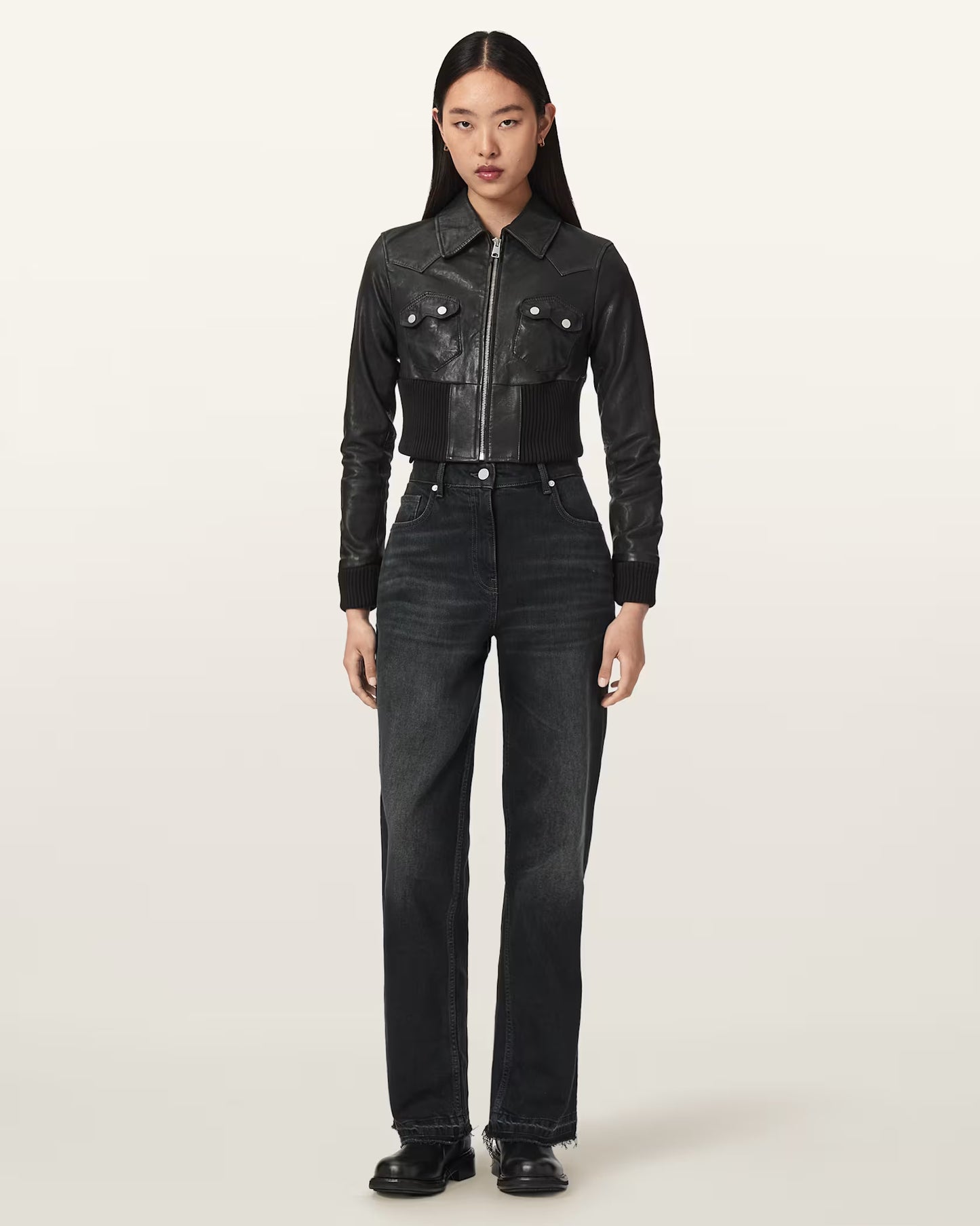 Women's Lena Slim Fit Cropped Genuine Leather Jacket | Chic Moto Leather Jacket