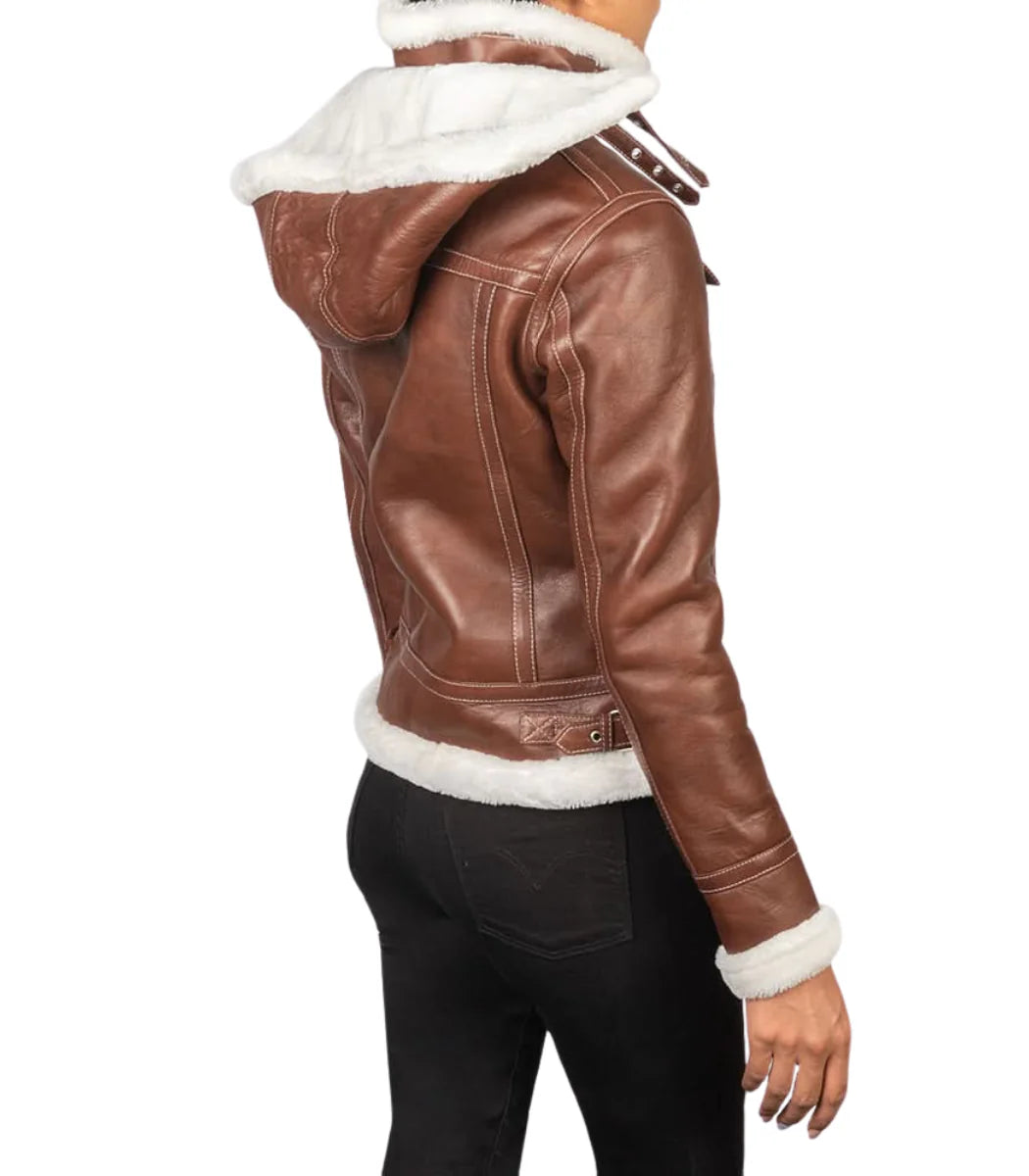 Women’s Brown Shearling Aviator Leather Jacket wth Hood