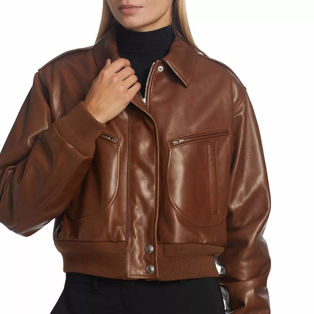 Women's Cropped Brown Leather Bomber Jacket | Premium Genuine Leather Outerwear