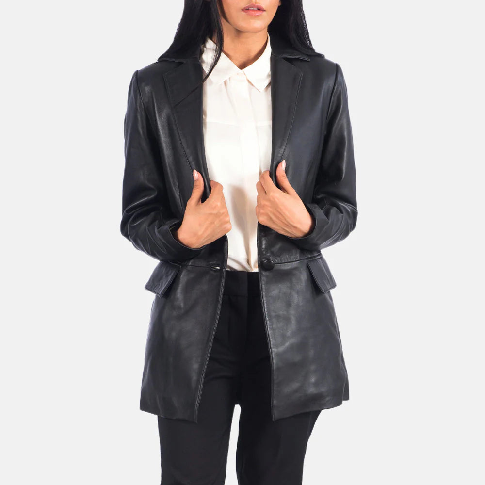 Marilyn Black Leather Blazer for Women | Premium Genuine Leather Blazer