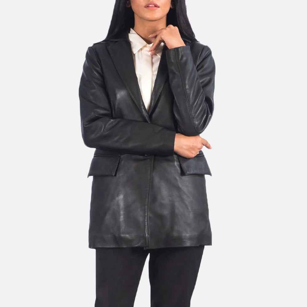 Marilyn Black Leather Blazer for Women | Premium Genuine Leather Blazer