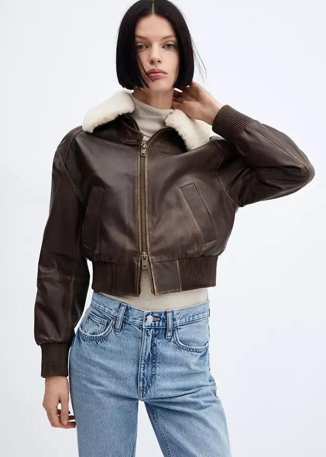 Women’s Brown Leather Bomber Jacket | Classic Vintage Style