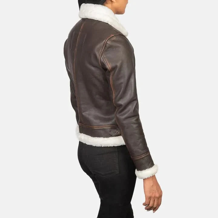 Women’s Brown Shearling Leather Aviator Jacket – White Fur Trim