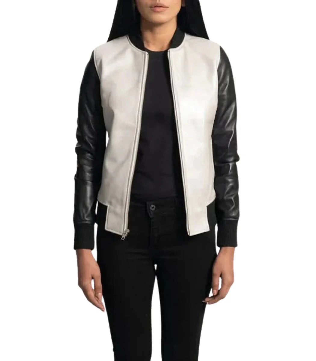 Women’s Black & White Leather Aviator Jacket – Stylish Flight Jacket