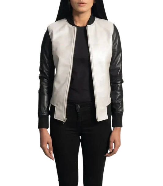 Women’s Black & White Leather Aviator Jacket – Stylish Flight Jacket