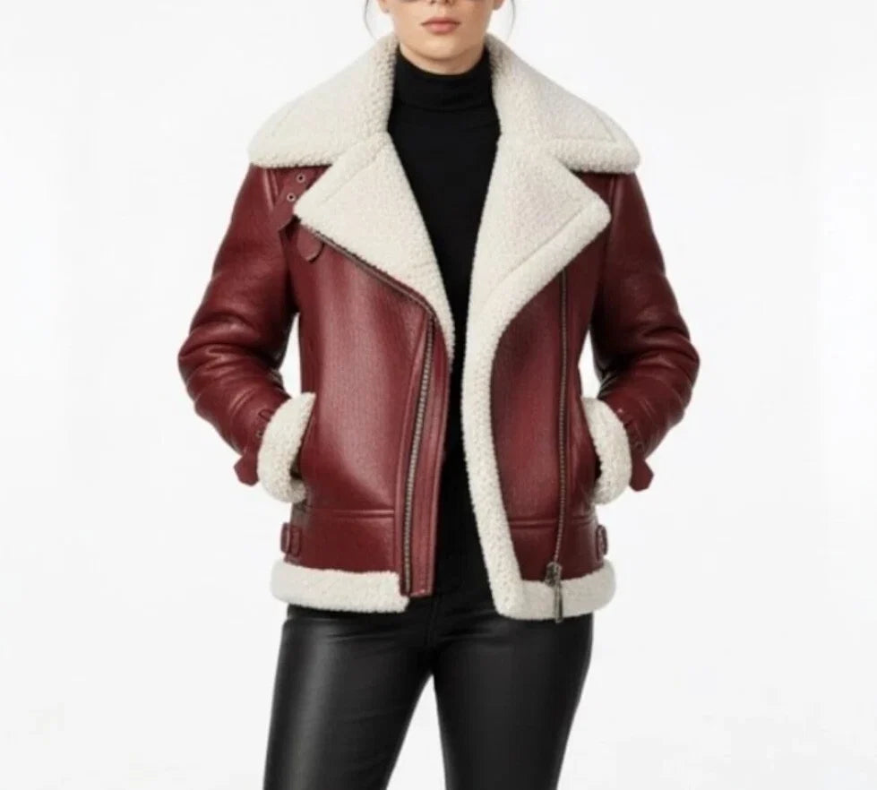 Women’s Aviator Leather Jacket with White Shearling Fur