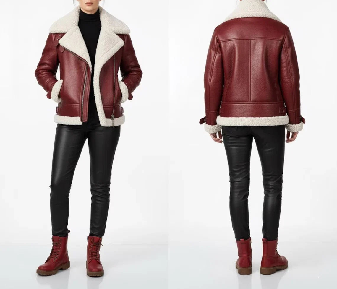Women’s Aviator Leather Jacket with White Shearling Fur