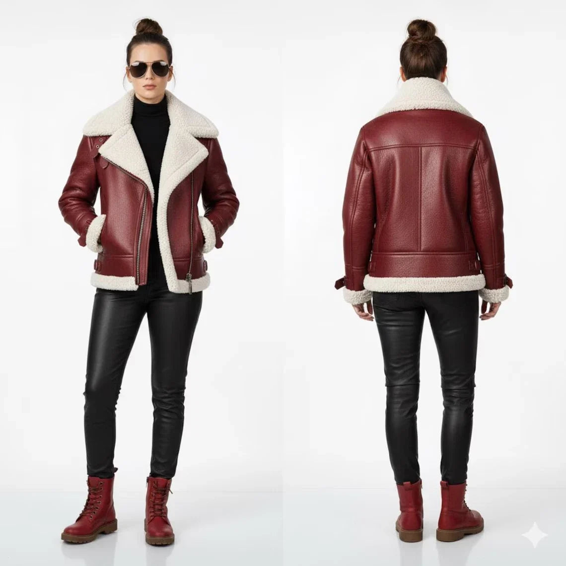 Women’s Aviator Leather Jacket with White Shearling Fur