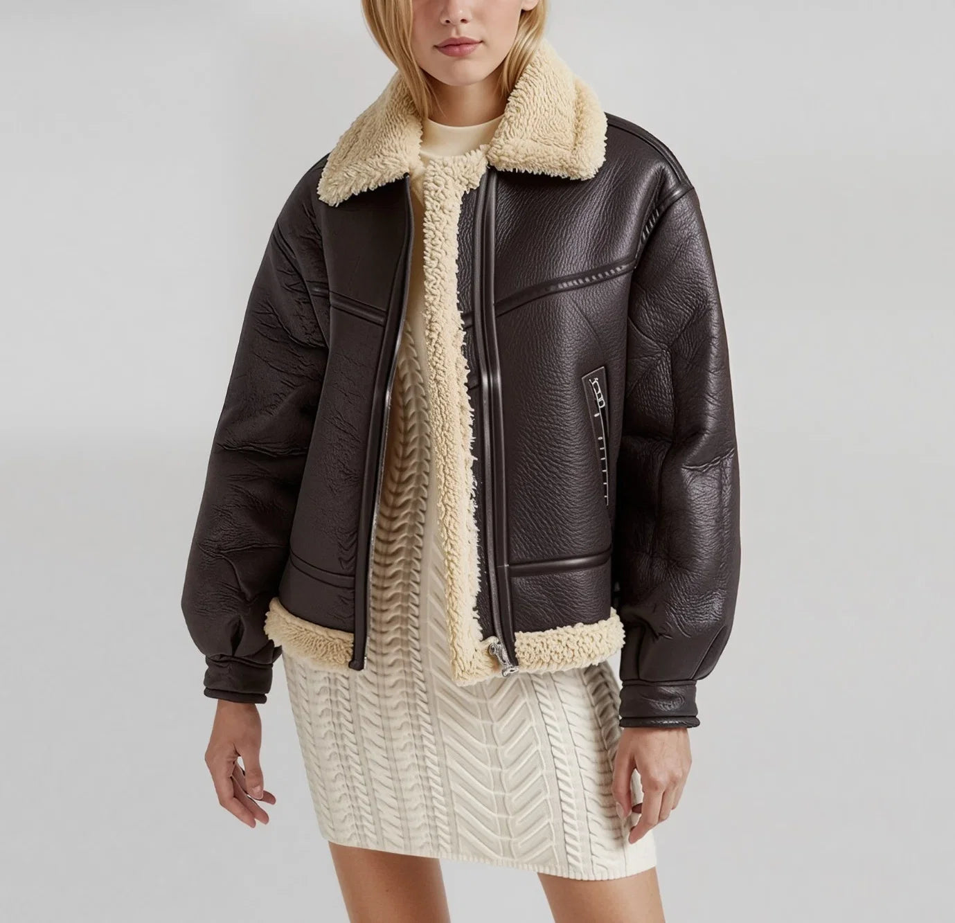 Women’s Aviator Leather Jacket with Shearling Fur – Brown