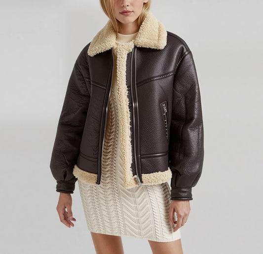 Women’s Aviator Leather Jacket with Shearling Fur – Brown